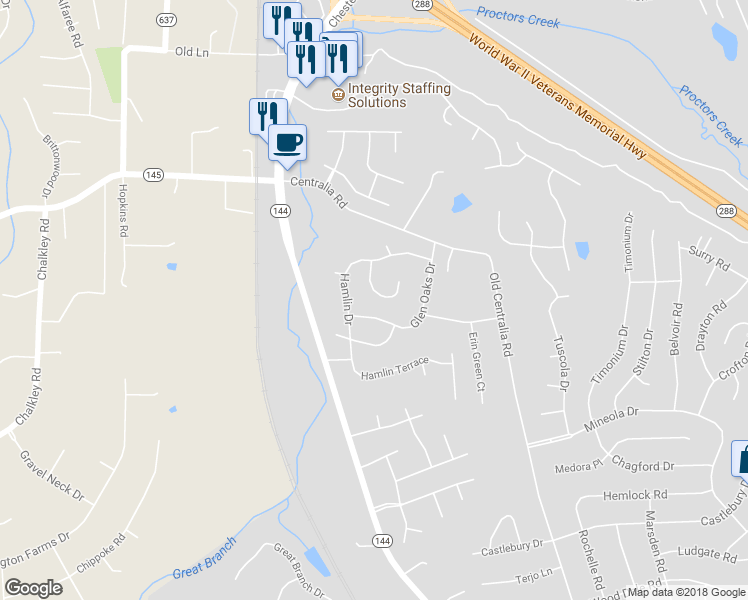 map of restaurants, bars, coffee shops, grocery stores, and more near 10430 Shumark Drive in Chester