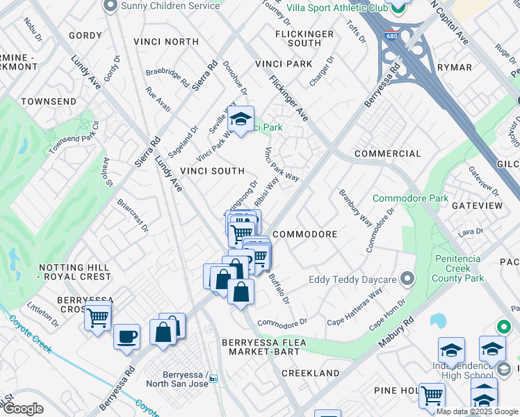 map of restaurants, bars, coffee shops, grocery stores, and more near 1812 Ribisi Way in San Jose