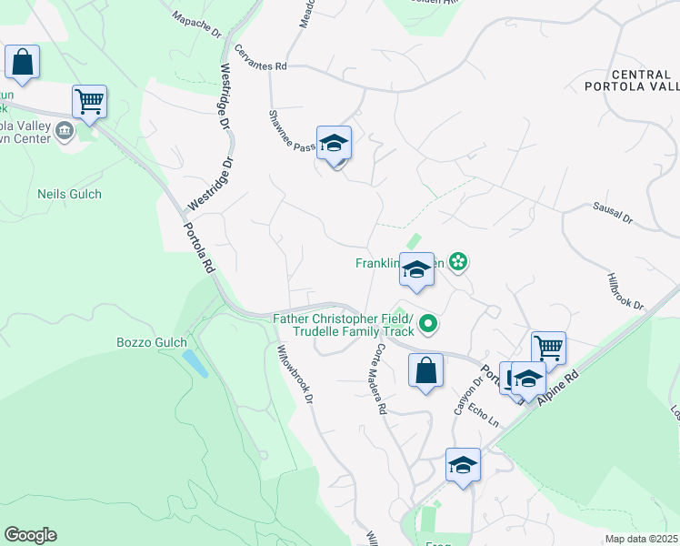 map of restaurants, bars, coffee shops, grocery stores, and more near 350 Grove Drive in Portola Valley