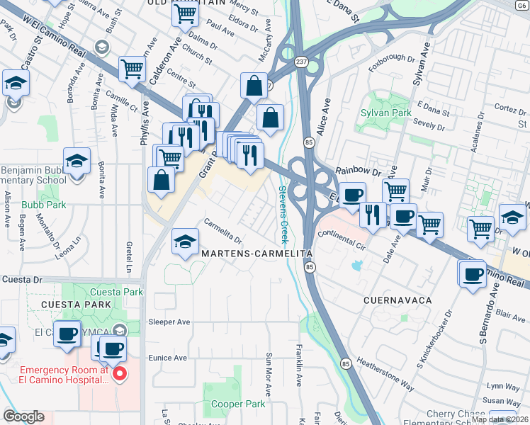 map of restaurants, bars, coffee shops, grocery stores, and more near 191 East El Camino Real in Mountain View