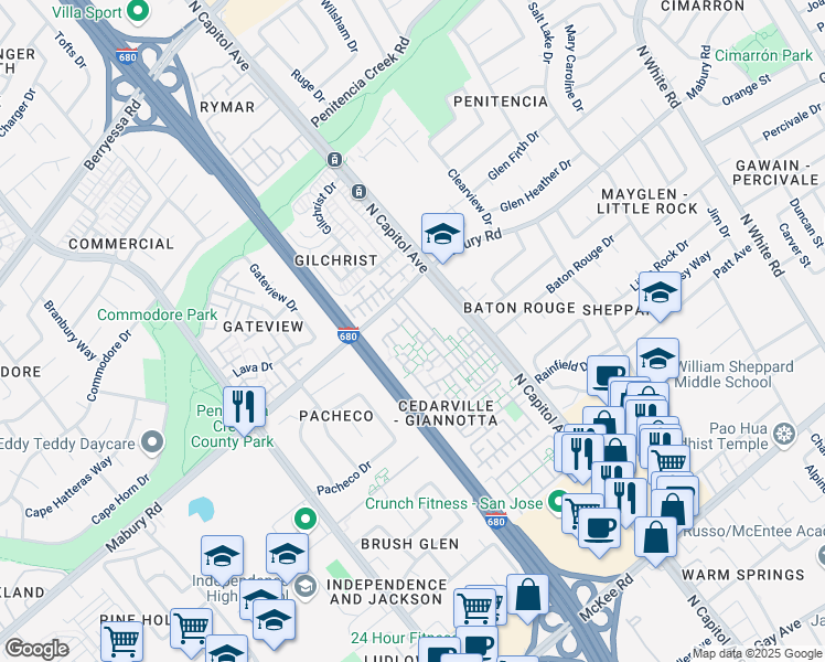 map of restaurants, bars, coffee shops, grocery stores, and more near 682 Galleon Court in San Jose