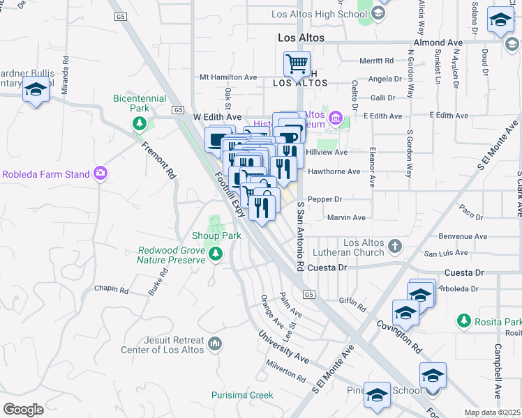 map of restaurants, bars, coffee shops, grocery stores, and more near 325 1st Street in Los Altos