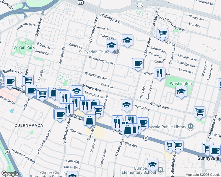 map of restaurants, bars, coffee shops, grocery stores, and more near 1096 Polk Avenue in Sunnyvale