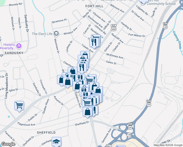 map of restaurants, bars, coffee shops, grocery stores, and more near 105 Twin Oak Drive in Lynchburg