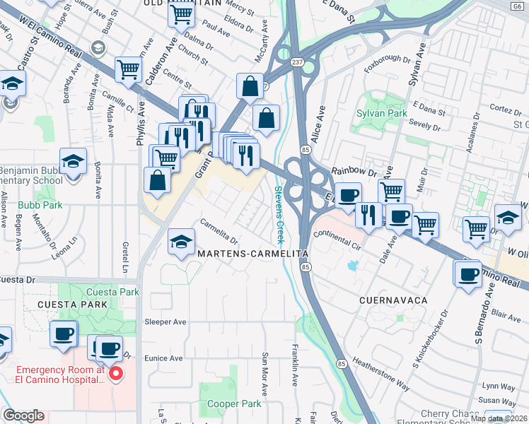 map of restaurants, bars, coffee shops, grocery stores, and more near 191 East El Camino Real in Mountain View