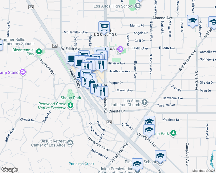 map of restaurants, bars, coffee shops, grocery stores, and more near 44 Pepper Drive in Los Altos