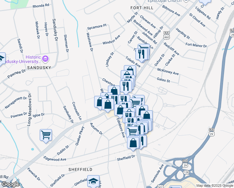 map of restaurants, bars, coffee shops, grocery stores, and more near 1120 Highland Drive in Lynchburg