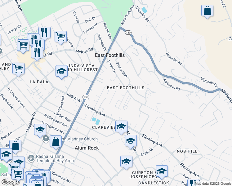 map of restaurants, bars, coffee shops, grocery stores, and more near 4132 Hidden Valley Lane in San Jose
