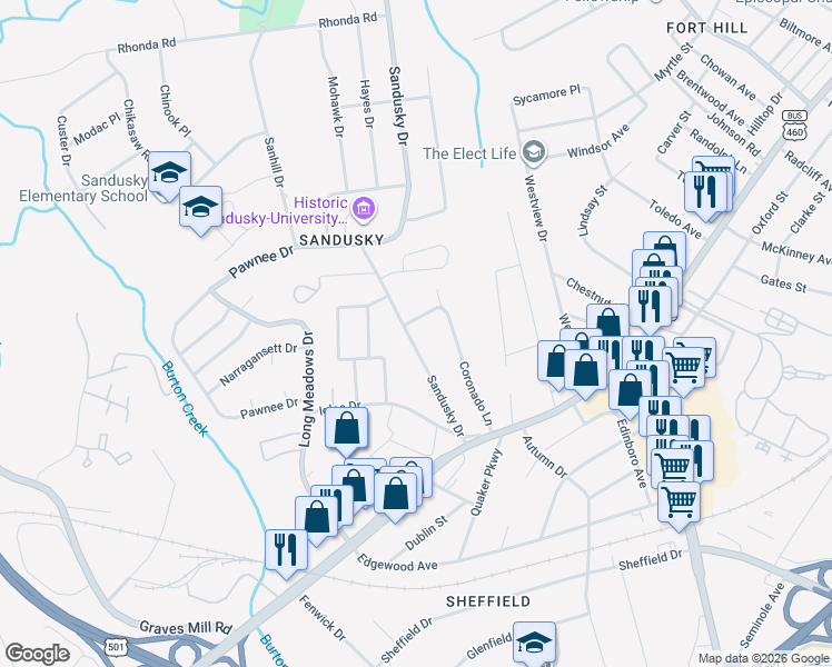 map of restaurants, bars, coffee shops, grocery stores, and more near 1004 Sandusky Drive in Lynchburg
