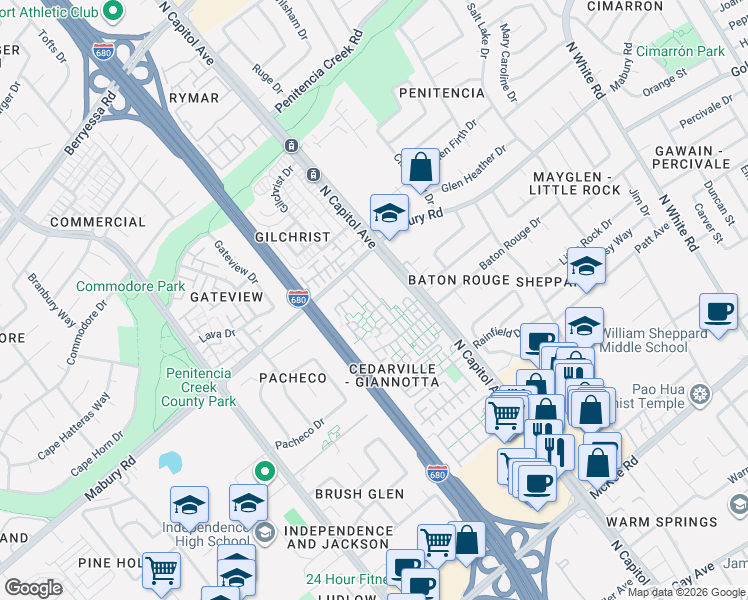 map of restaurants, bars, coffee shops, grocery stores, and more near 682 Galleon Court in San Jose