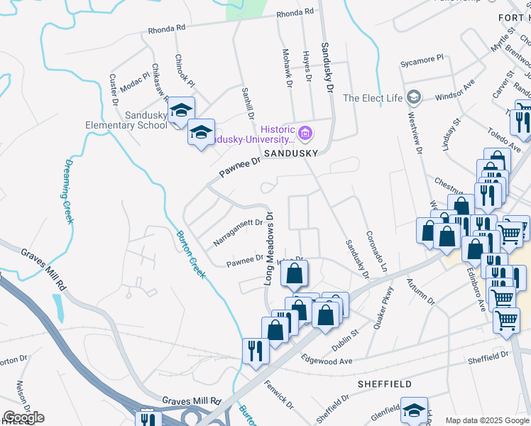 map of restaurants, bars, coffee shops, grocery stores, and more near 1045 Long Meadows Drive in Lynchburg
