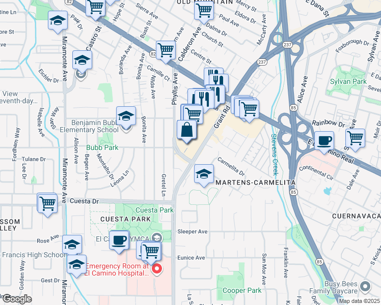 map of restaurants, bars, coffee shops, grocery stores, and more near 1350 Grant Road in Mountain View
