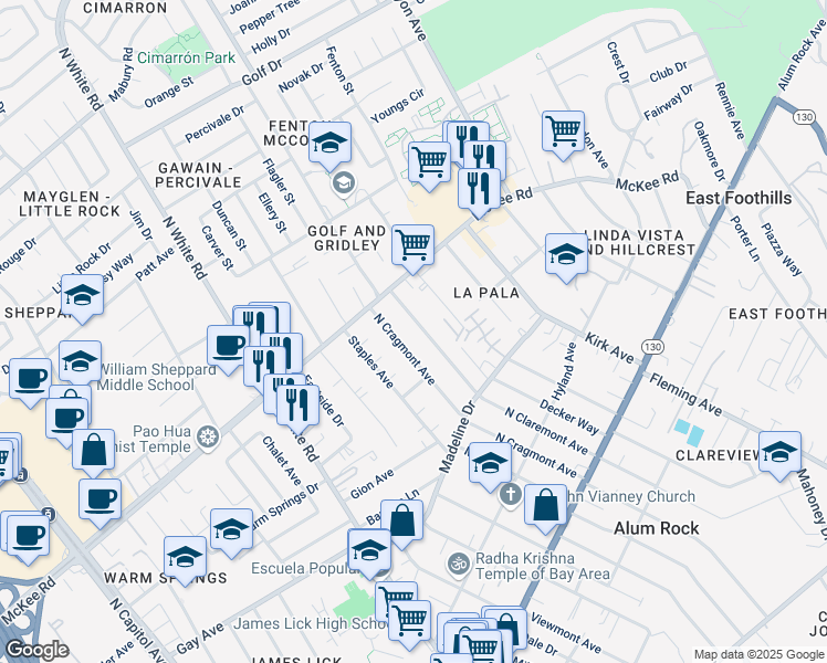 map of restaurants, bars, coffee shops, grocery stores, and more near 263 North Claremont Avenue in San Jose