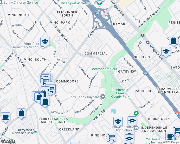 map of restaurants, bars, coffee shops, grocery stores, and more near 2044 Shellback Place in San Jose