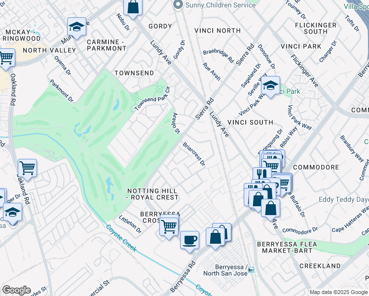 map of restaurants, bars, coffee shops, grocery stores, and more near 1591 Thornbriar Drive in San Jose