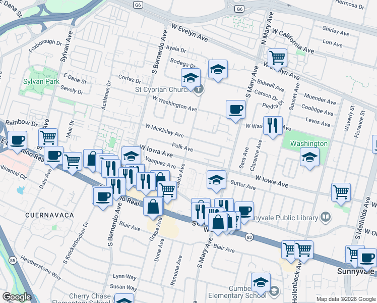 map of restaurants, bars, coffee shops, grocery stores, and more near 1096 Polk Avenue in Sunnyvale