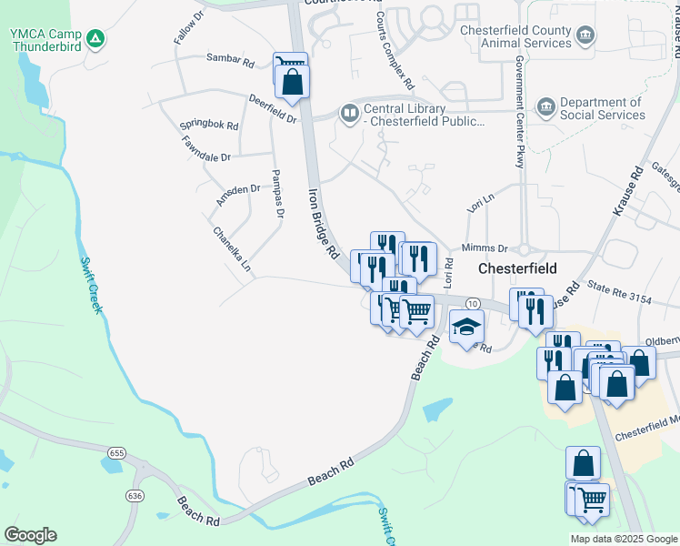 map of restaurants, bars, coffee shops, grocery stores, and more near 9800 Iron Bridge Road in Chesterfield