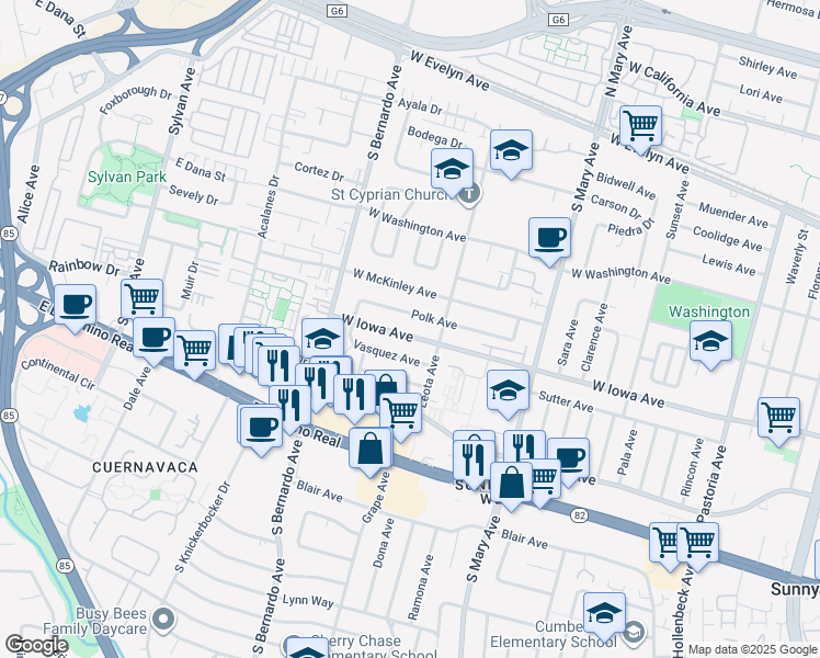 map of restaurants, bars, coffee shops, grocery stores, and more near 1127 West Iowa Avenue in Sunnyvale