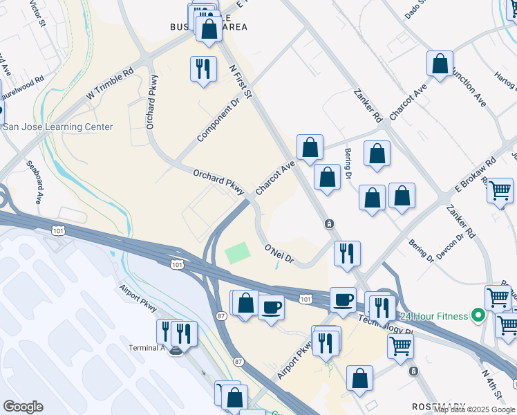 map of restaurants, bars, coffee shops, grocery stores, and more near 2188 O'Nel Drive in San Jose