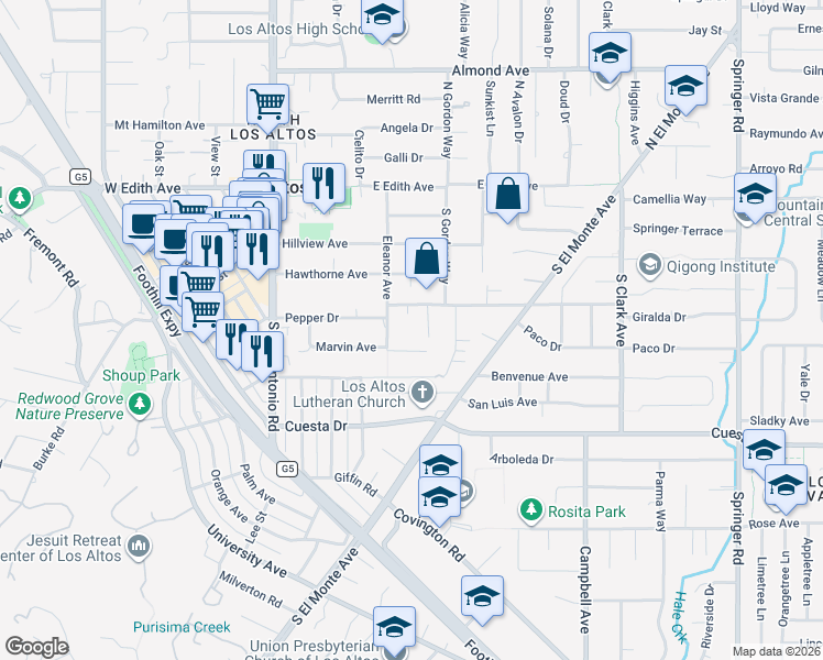 map of restaurants, bars, coffee shops, grocery stores, and more near 309 Eleanor Avenue in Los Altos