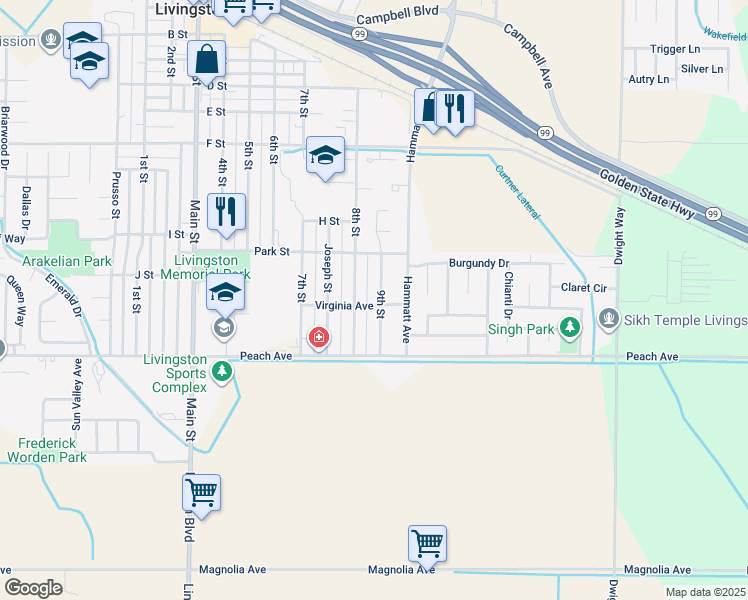 map of restaurants, bars, coffee shops, grocery stores, and more near 2035 Virginia Avenue in Livingston