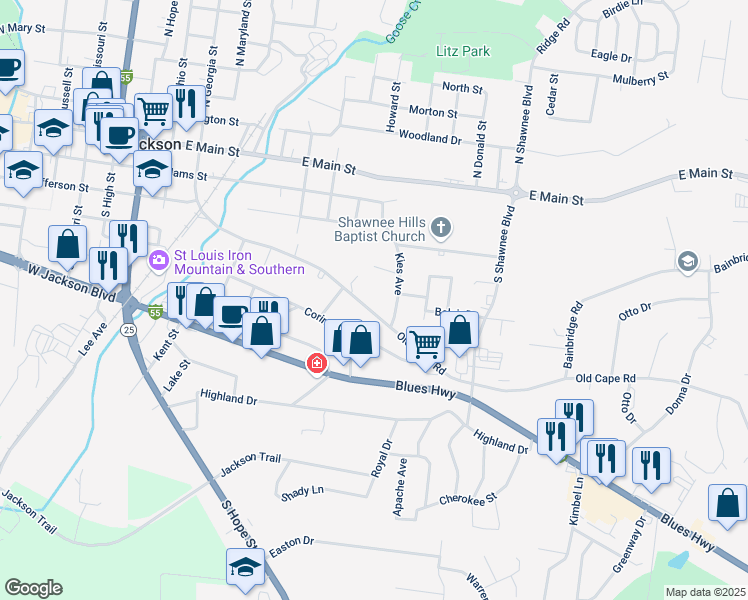 map of restaurants, bars, coffee shops, grocery stores, and more near 924/1028 Old Cape Road in Jackson