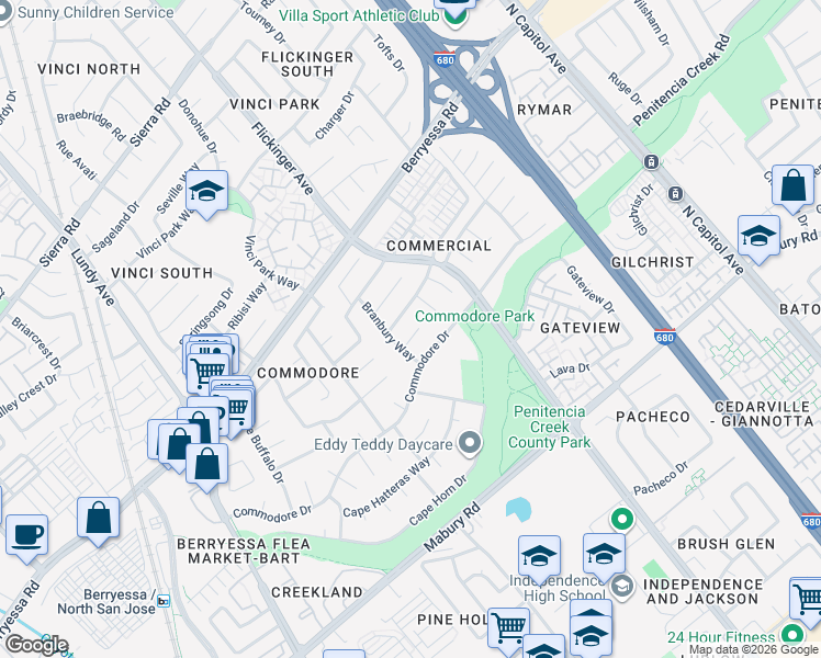 map of restaurants, bars, coffee shops, grocery stores, and more near 2044 Shellback Place in San Jose