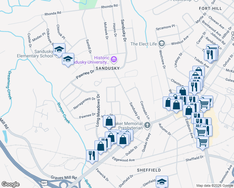 map of restaurants, bars, coffee shops, grocery stores, and more near 1512 Sangloe Place in Lynchburg