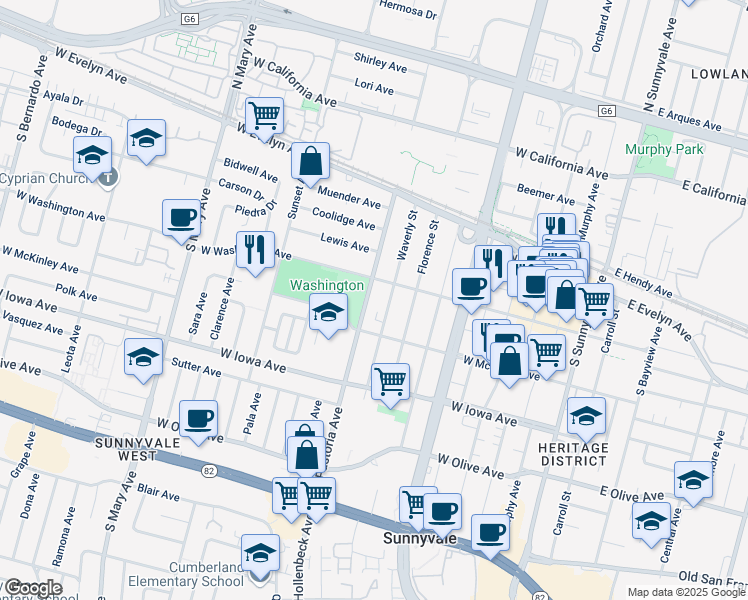 map of restaurants, bars, coffee shops, grocery stores, and more near 238 South Pastoria Avenue in Sunnyvale