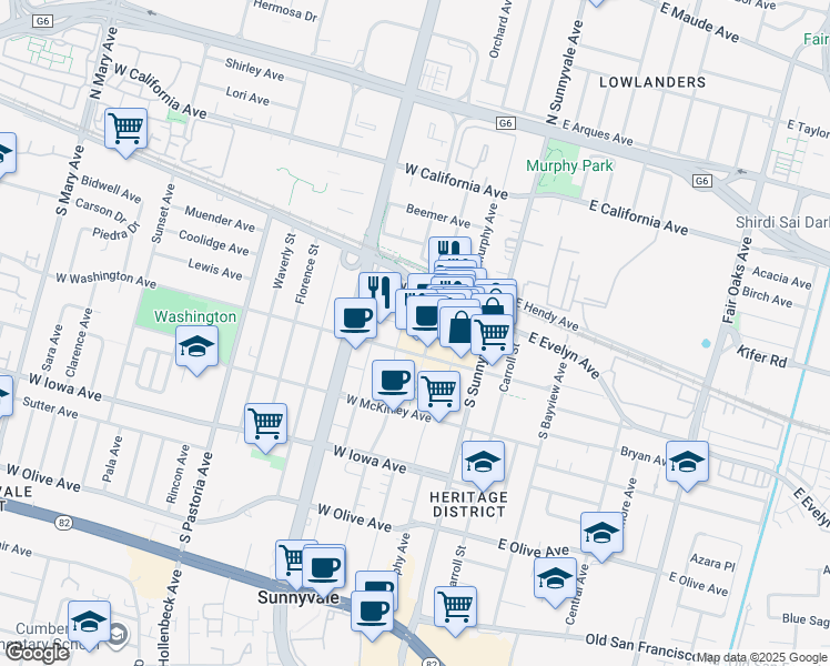 map of restaurants, bars, coffee shops, grocery stores, and more near 137 South Taaffe Street in Sunnyvale
