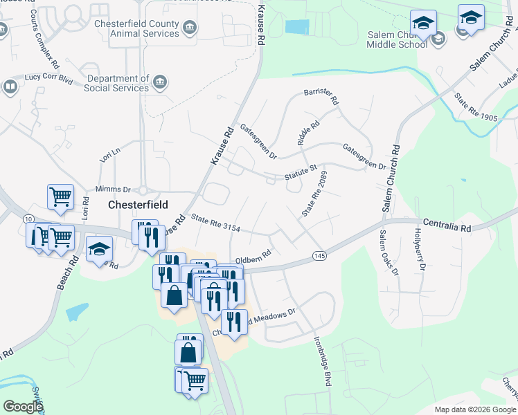 map of restaurants, bars, coffee shops, grocery stores, and more near 9808 Brenspark Road in Chesterfield