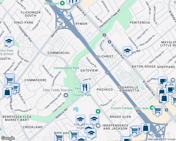 map of restaurants, bars, coffee shops, grocery stores, and more near 827 Southgrove Drive in San Jose