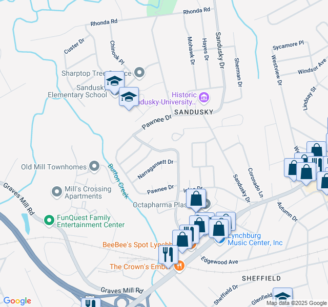 map of restaurants, bars, coffee shops, grocery stores, and more near 1029 Long Meadows Drive in Lynchburg
