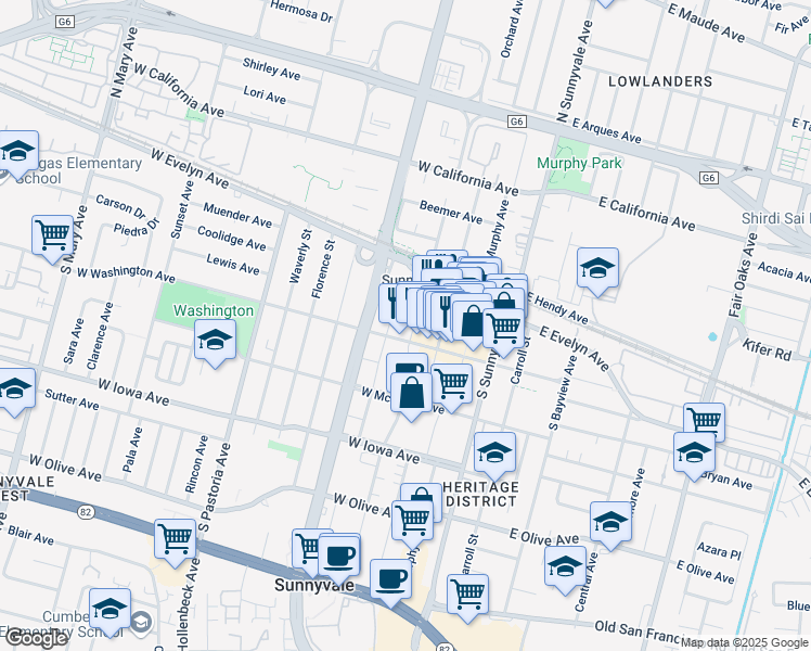 map of restaurants, bars, coffee shops, grocery stores, and more near 137 South Taaffe Street in Sunnyvale