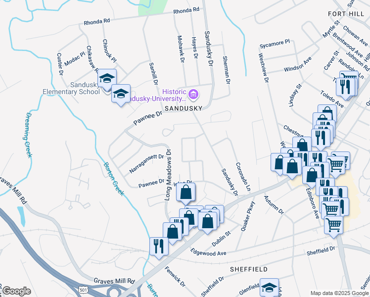 map of restaurants, bars, coffee shops, grocery stores, and more near 1510 Lynndale Place in Lynchburg