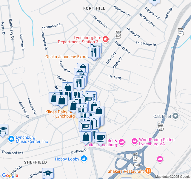 map of restaurants, bars, coffee shops, grocery stores, and more near 1315 Lindsay Street in Lynchburg