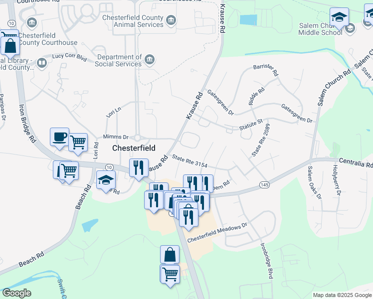map of restaurants, bars, coffee shops, grocery stores, and more near 6519 Fore Circle in Chesterfield
