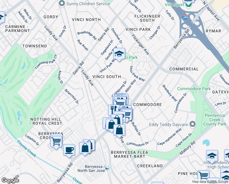 map of restaurants, bars, coffee shops, grocery stores, and more near 1769 Springsong Drive in San Jose