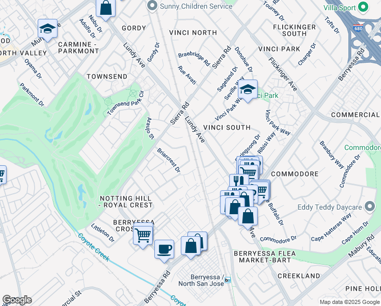 map of restaurants, bars, coffee shops, grocery stores, and more near 1198 Royal Crest Drive in San Jose