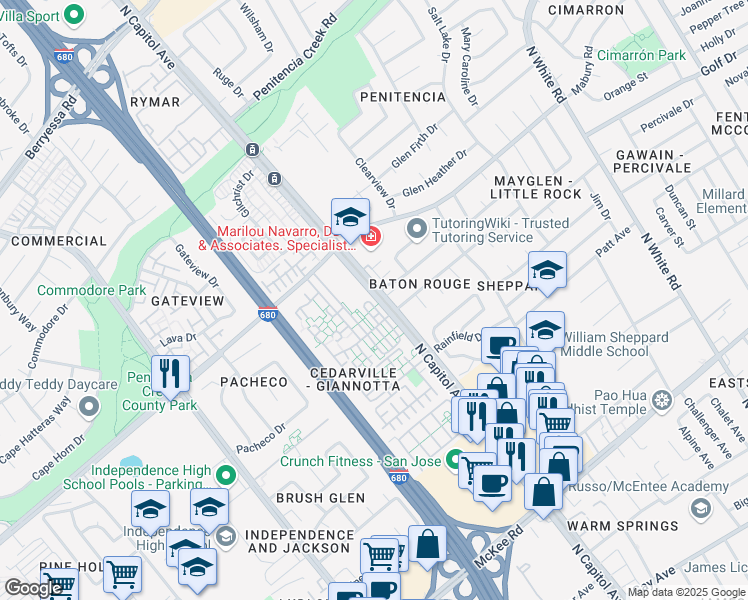 map of restaurants, bars, coffee shops, grocery stores, and more near 687 Celadon Circle in San Jose