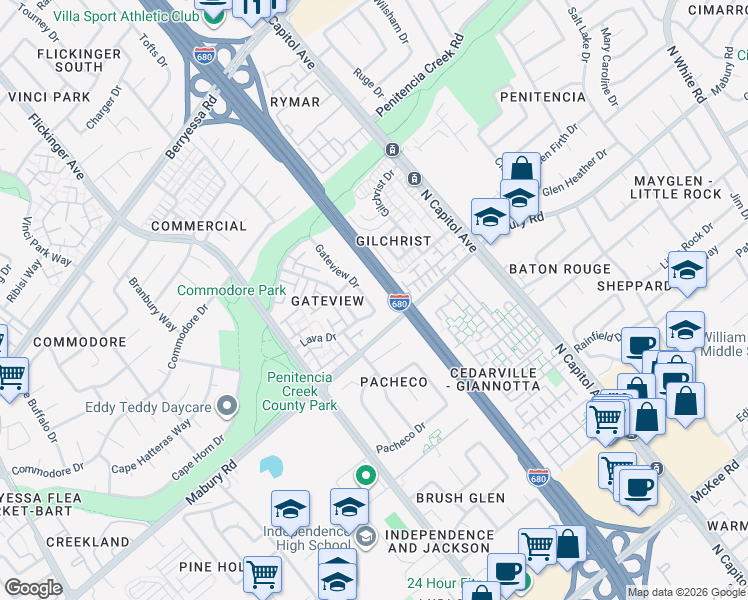 map of restaurants, bars, coffee shops, grocery stores, and more near 791 Gateview Drive in San Jose