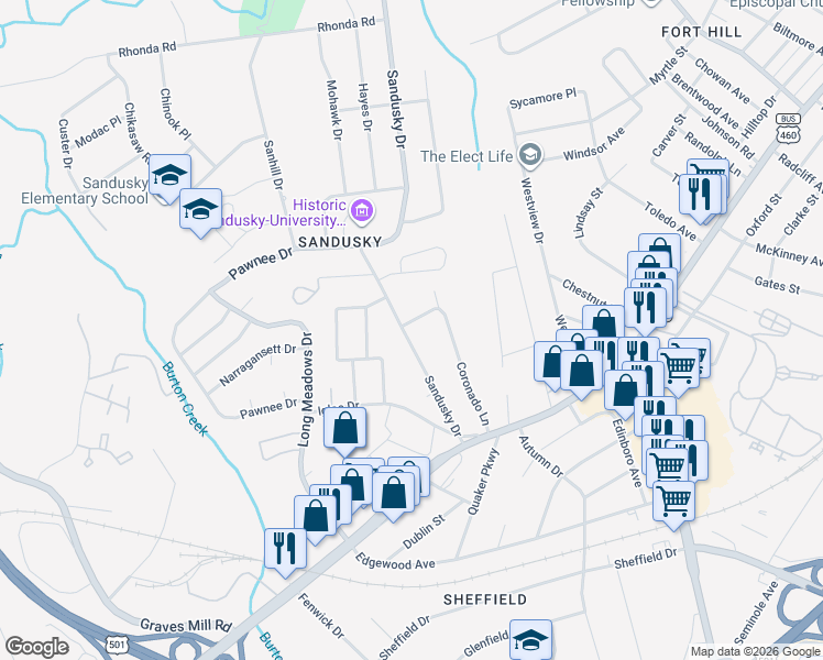 map of restaurants, bars, coffee shops, grocery stores, and more near 1004 Sandusky Drive in Lynchburg