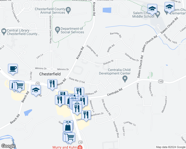 map of restaurants, bars, coffee shops, grocery stores, and more near 9808 Brenspark Road in Chesterfield