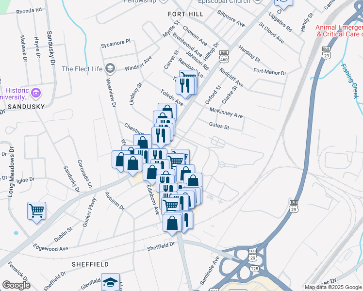 map of restaurants, bars, coffee shops, grocery stores, and more near 105 Twin Oak Drive in Lynchburg