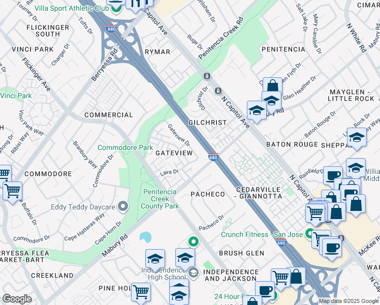 map of restaurants, bars, coffee shops, grocery stores, and more near 791 Gateview Drive in San Jose