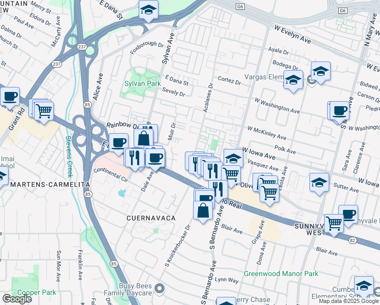 map of restaurants, bars, coffee shops, grocery stores, and more near 457 Acalanes Drive in Sunnyvale