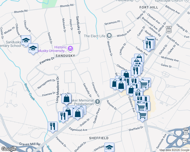 map of restaurants, bars, coffee shops, grocery stores, and more near 1016 Coronado Ln in Lynchburg