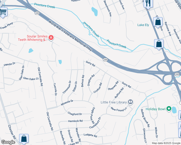 map of restaurants, bars, coffee shops, grocery stores, and more near 10815 Surry Circle in Chester