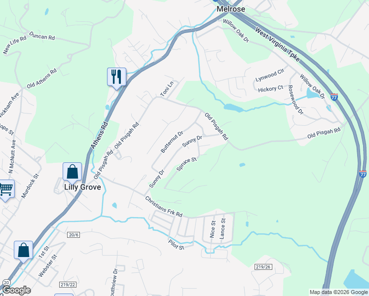 map of restaurants, bars, coffee shops, grocery stores, and more near 258 Sunny Drive in Princeton