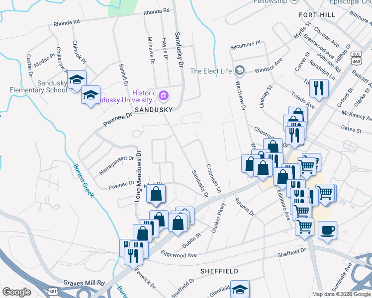 map of restaurants, bars, coffee shops, grocery stores, and more near 1004 Sandusky Drive in Lynchburg